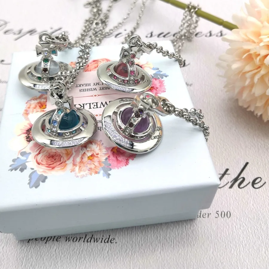 

Pink Purple Crystal Planet Necklace10mm Glass bead Copper Plated 18K Gold Zircon Three dimensional Necklace women Jewelry Gift