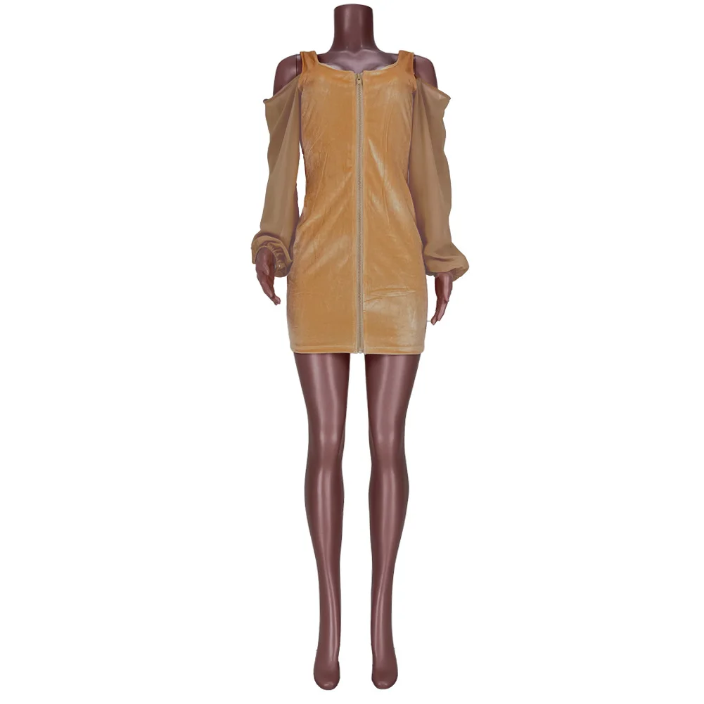 

Zoctuo Dress Mesh Sheer Velvet Patchwork Mini Dress Women Hollow Out Long Sleeve Front Zipper Short Night Club Sweet Dress