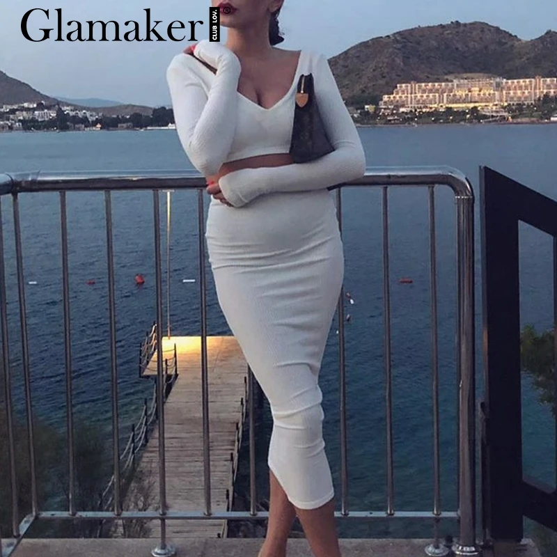 Glamaker вязаный костюм из двух частей белое платье Макси женское сексуальное облегающее платье с длинным рукавом и v-образным вырезом женское осенне-зимнее вечернее платье
