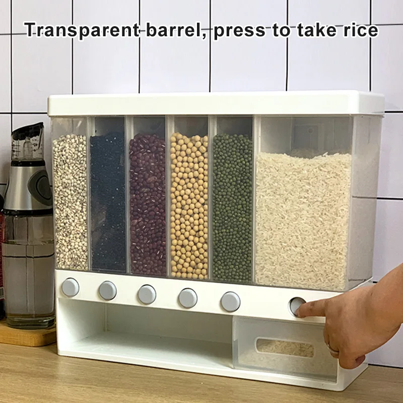

Wall-mounted Dry Food Dispenser Rice Bucket Multi Compartments Automatic Metering Storage Box Sealed Grain Container RE
