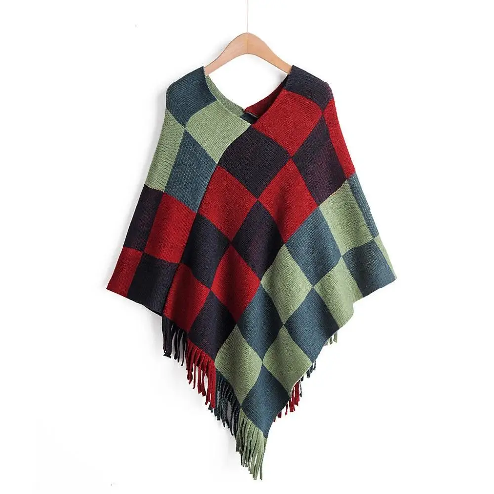 

Poncho Women Winter Knit Patchwork Batwing Tassel Plus Size Loose Cloak Pullover Shawl Cape Coat Ponczo Damska Free Shipping