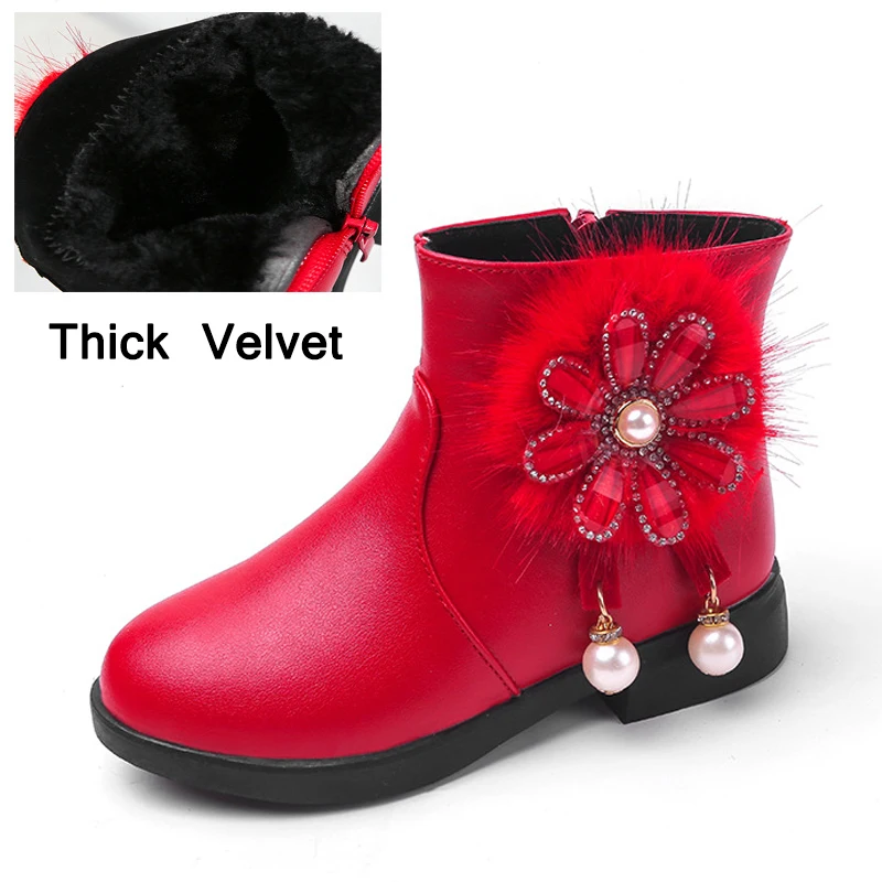 Thick velvet Red Новинка года; детская обувь; сапоги Martin для девочек; сезон осень-зима; кожаная обувь со стразами и цветком для девочек; бархатные теплые детские сапоги - Цвет: Thick velvet Red