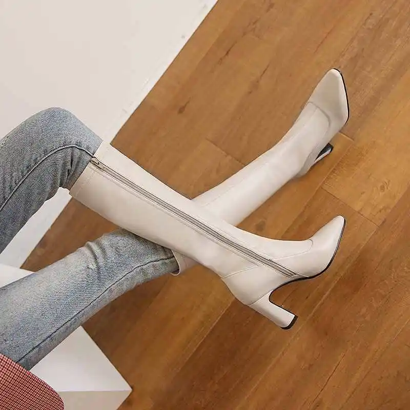 

krazing pot Princess style fashion cow leather stretch boots small square toe high heels zip winter warm thigh high boots L69