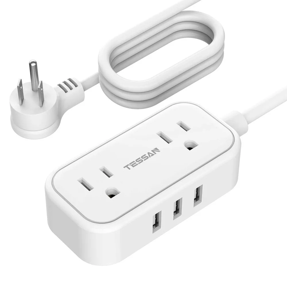

TESSAN Small Portable Flat Plug Grounded Power Strip with 2 Outlets 3 USB Ports 5V 2.4A 3m/9.8ft Extension Cable for Home Office