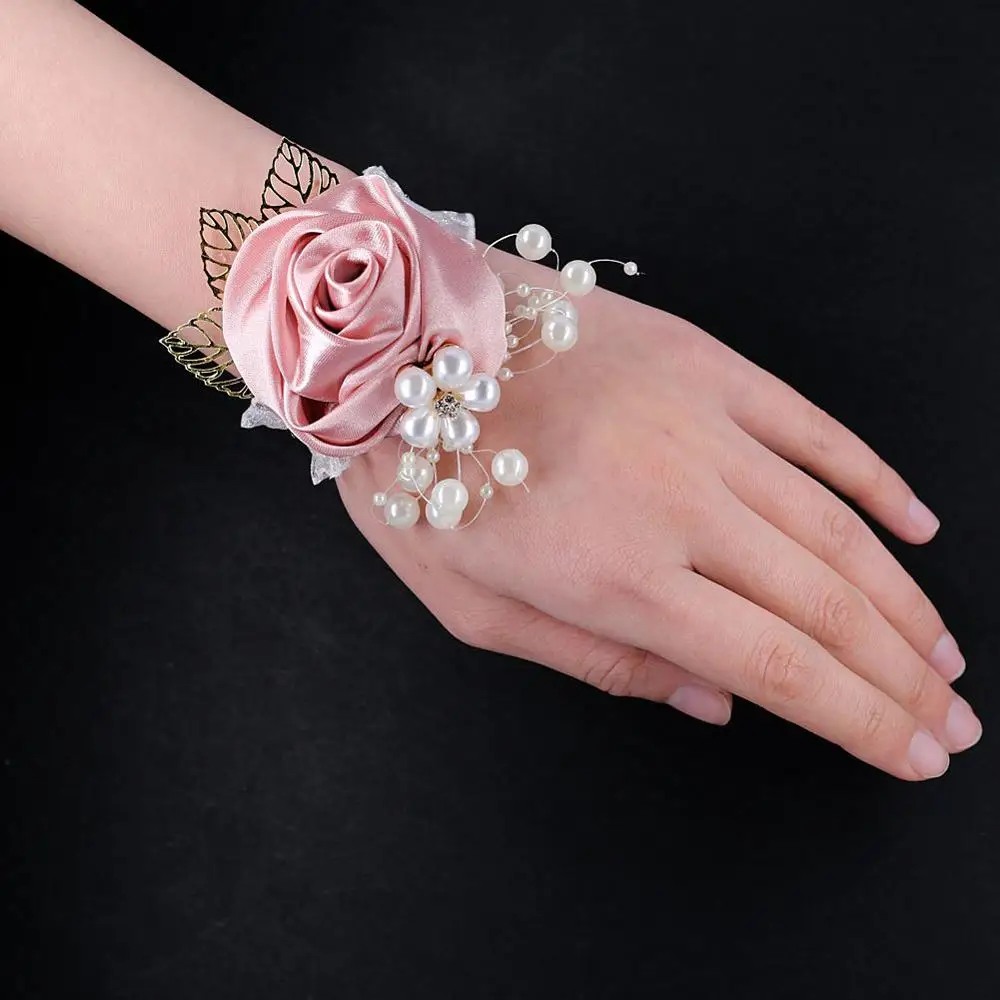 

Wedding Silk Flower Wrist Corsages Burgundy Rose Bride Corsage Bracelet With Beaded Diamond Hand Flower Party Decoration SW0674