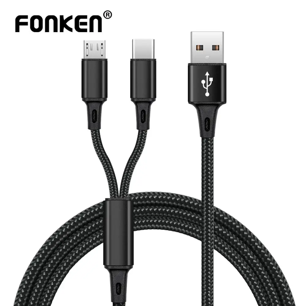 Кабель Micro USB Type C FONKEN 2 в 1 кабель для быстрой зарядки Samsung Xiaomi сотового телефона