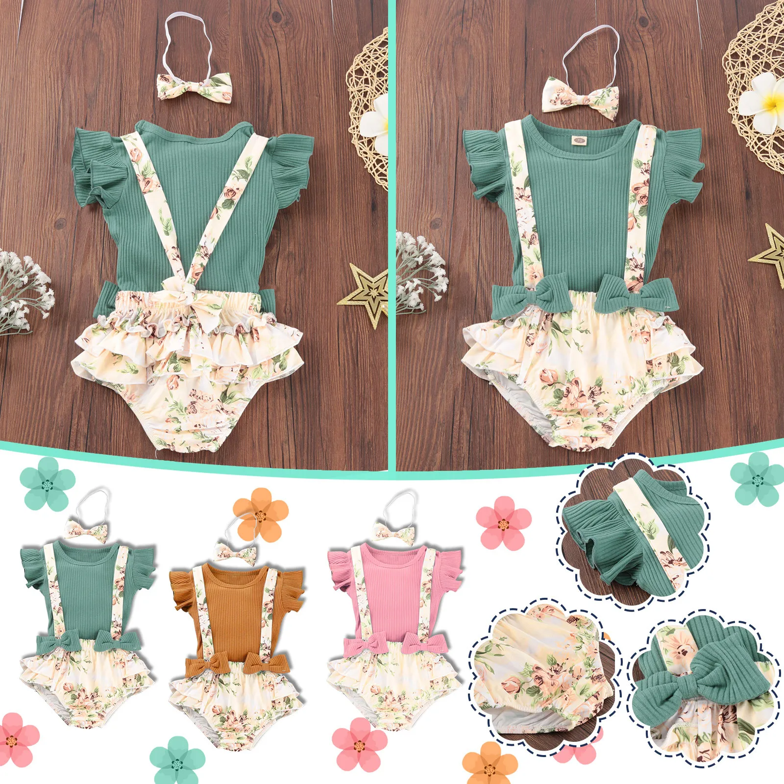 

Baby Set Newborn 2021 Baby Girl Summer Clothes Short Sleeve Top + Floral Print Shorts + Headwear baby kleding meisje E1