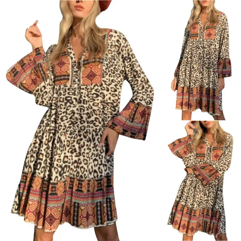 

Vintage Dress Women Leopard Printed Casual Dress Long Sleeve Holiday Party Loose Dresses Beach Summer Sundress Vestidos