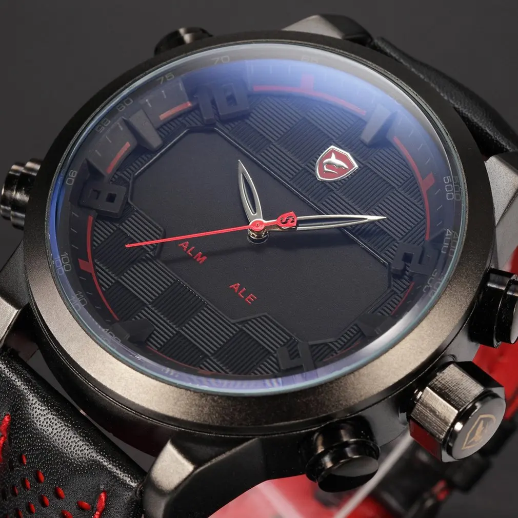 Red SH203 Часы с акулой, мужские, светодиодный, черный, красный, нержавеющая сталь, спортивные часы, цифровые, двойной ход, мужские, t кожа, мужские, s, водонепроницаемые часы, relogio masculino - Цвет: Red SH203