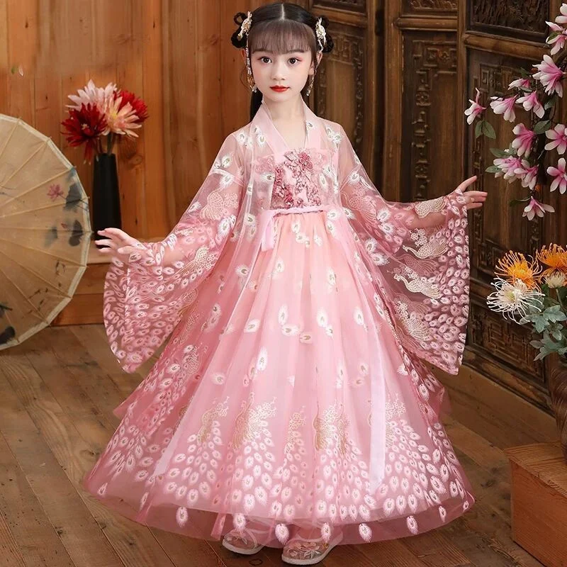 

Платья для девочек Hanfu, детское элегантное платье в китайском стиле, в старинном стиле, с цветами вишни, марлевое платье принцессы, новый кос...