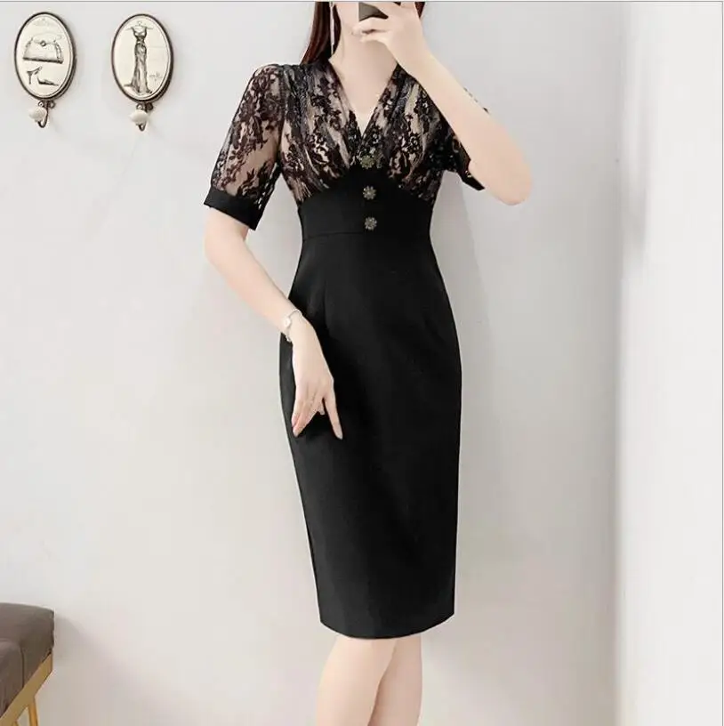 

Women's Dress 2021 Summer New V-Neck High Waist Show Thin Temperament Slim Lace Black Collor Hip Girls Dresses.