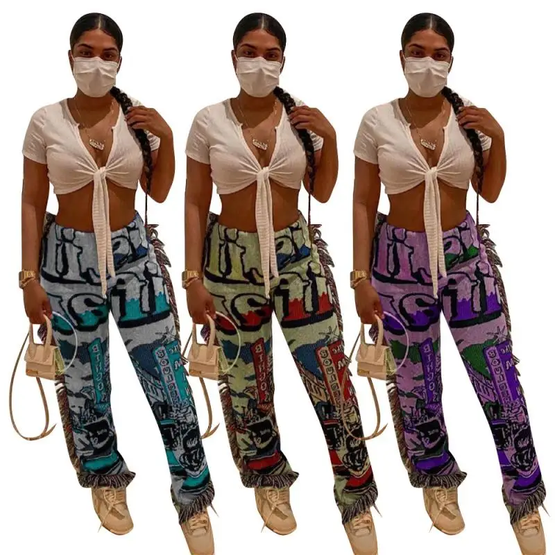 2021 Autumn and Summer New Women's Clothing Fashion Trend Hip Hop Pit Strip Running Water Printing Long Pants