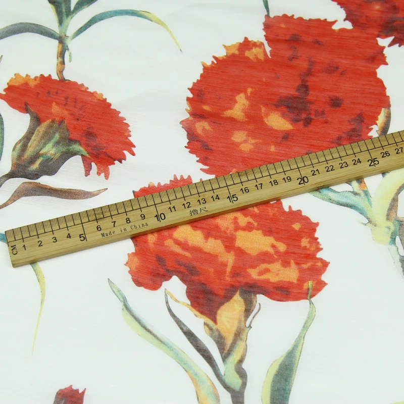 Ткань из смешанного шелка и льна с красным цветочным узором 13 момме 55 дюймов