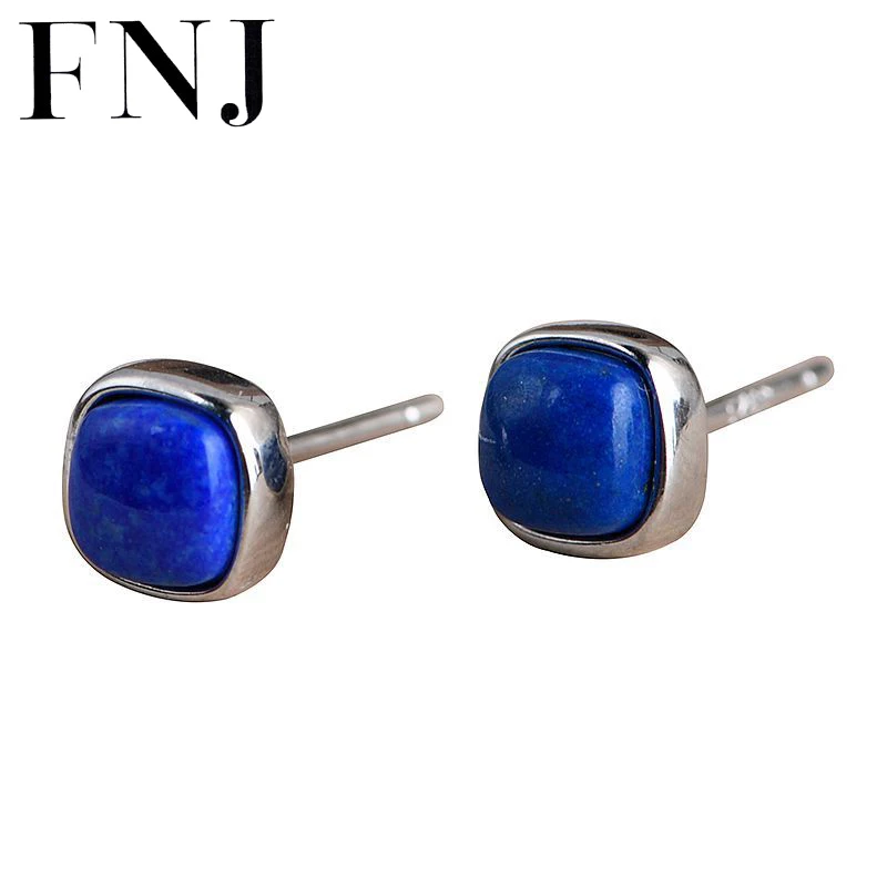 

FNJ 925 Silver Stud Earrings for Women Jewelry New Fine 100% Pure S925 Sterling Silver Earring Square Lapis Lazuli Blue Stone