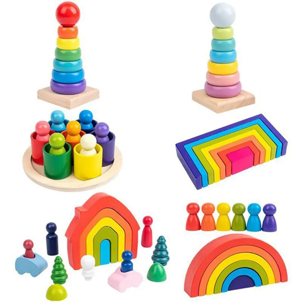 

Rainbow House Arched Villain Building Blocks Creative Rainbow Stacker Wooden Educational Toy Gift For Children
