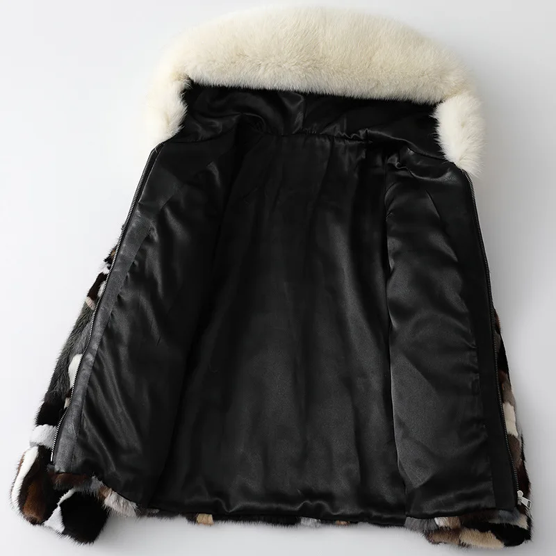 Fox Fur Collar Hooded Mink Coat Autumn Winter New Multicolour Women Mink Fur Grass Jacket Printed  Zipper Splicing Soft Outwear
