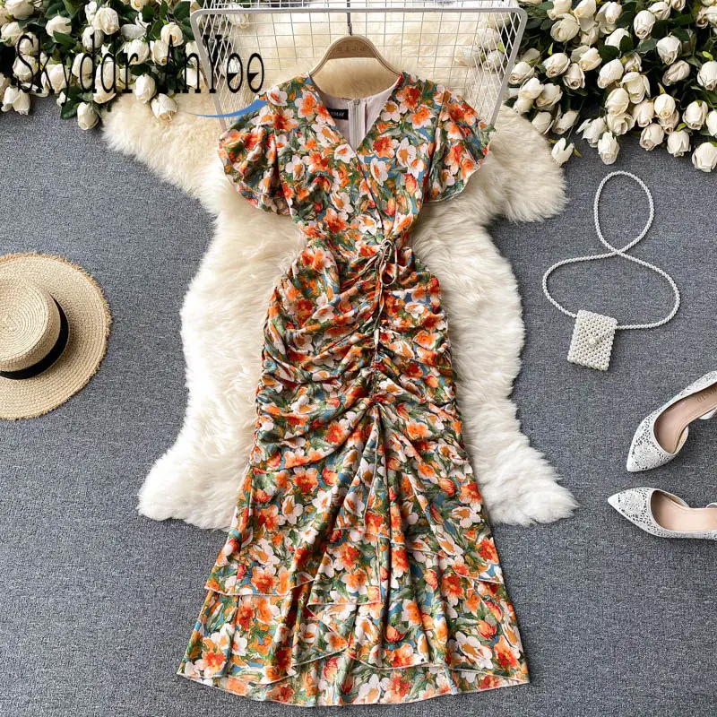 

Women's Summer Party Dresses 2021 Robe Longue Elegant Floral Dress For Women V-Neck Short Sleeve Drawstring Ladies Long Dress