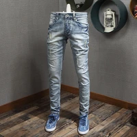 italian style fashion men jeans light blue destroyed patchwork ripped jeans men elastic denim pants slim fit hip hop jeans homme