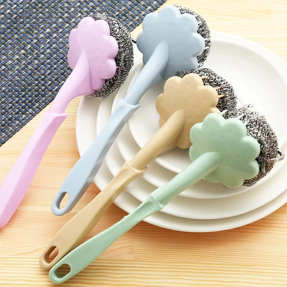 

2 PCS Stainless Steel Wire Ball Brush With Long Handle Kitchen Hanging cleaning brush pan Kitchen Dish handle Washing Tool