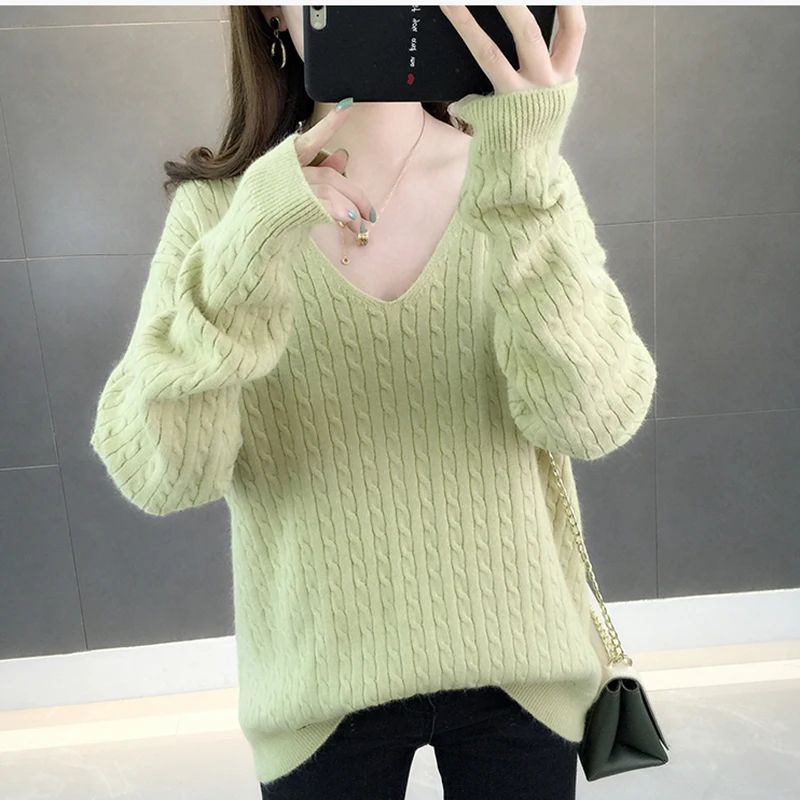

2020 New Autumn Casual V-Neck Women Sweater Winter Warm Jumper Pink Loose Cashmere Sweater Knitted Pullover Top Pull Hiver Femme