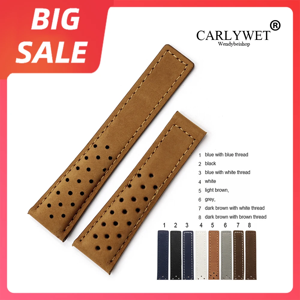 CARLYWET Watch Band 20 22mm Grey White Real Calf Leather Suede Strap VINTAGE Replacement Wrist Leather Watch Strap For Tag Heuer