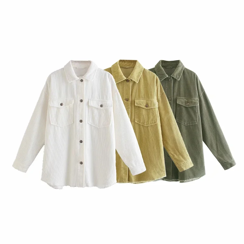 

Woman Casual White Loose Corduroy Shirt Jacket Nice Autumn Vinatge Female Solid Oversized Jackets Ladies Long Sleeve Outwear
