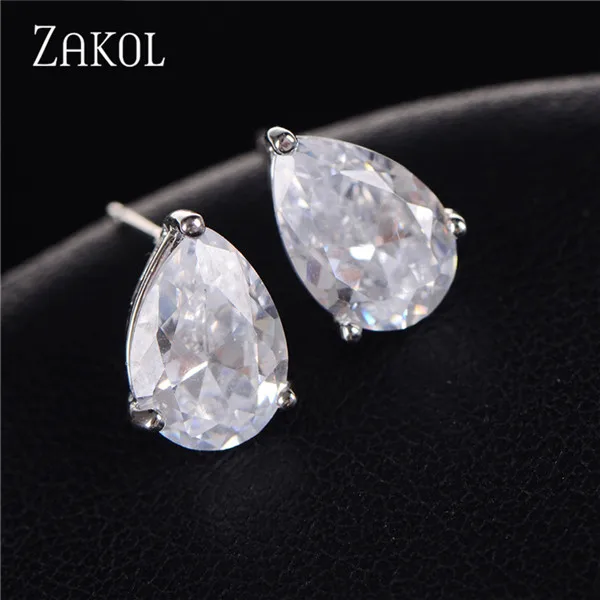 Sliver Color Серьги-гвоздики с каплевидными кристаллами циркония ZAKOL, серьги для женщин, модные свадебные украшения, букле d'oreille FSEP2216 - Окраска металла: Sliver Color