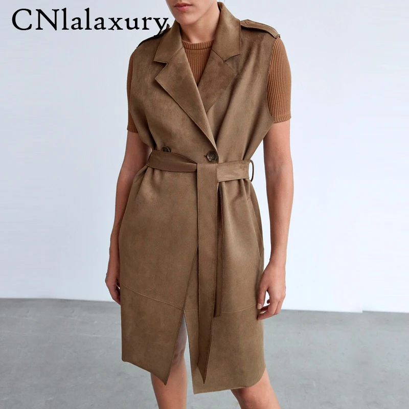 Женская куртка без рукавов из искусственной замши пальто с поясом свободный