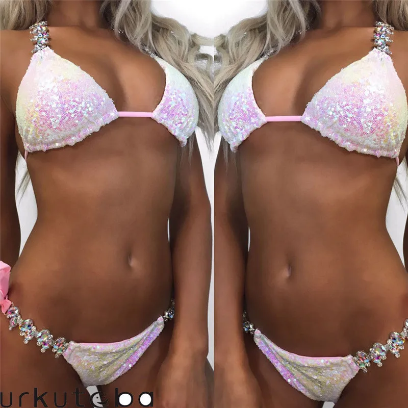 Summer Fashion Sequined Rhinestone Gradient Pink Swimsuit Ladies Diamond Bikini Set Bathing Suit Sexy Swimwear Straps Swimsuits | Женская