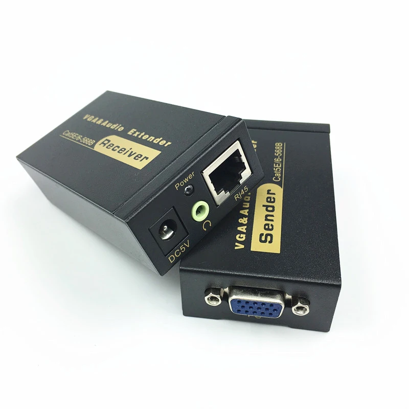 Extensor VGA UTP, repetidor VGA AV con Audio por Cable Cat5e/6 de hasta 100M con adaptador de corriente de Audio