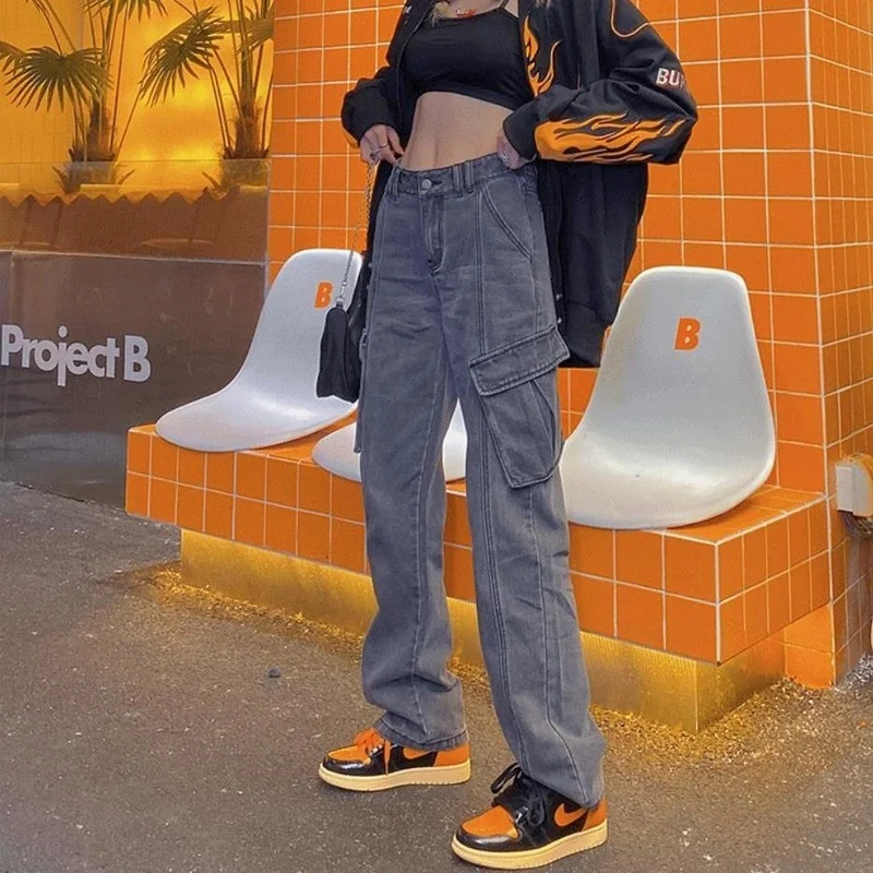 

HOUZHOU Retro Jeans Women Harajuku Vintage Grunge Cargo Denim Pants Straight High Street Bf Style Trousers Loose Streetwear 90s