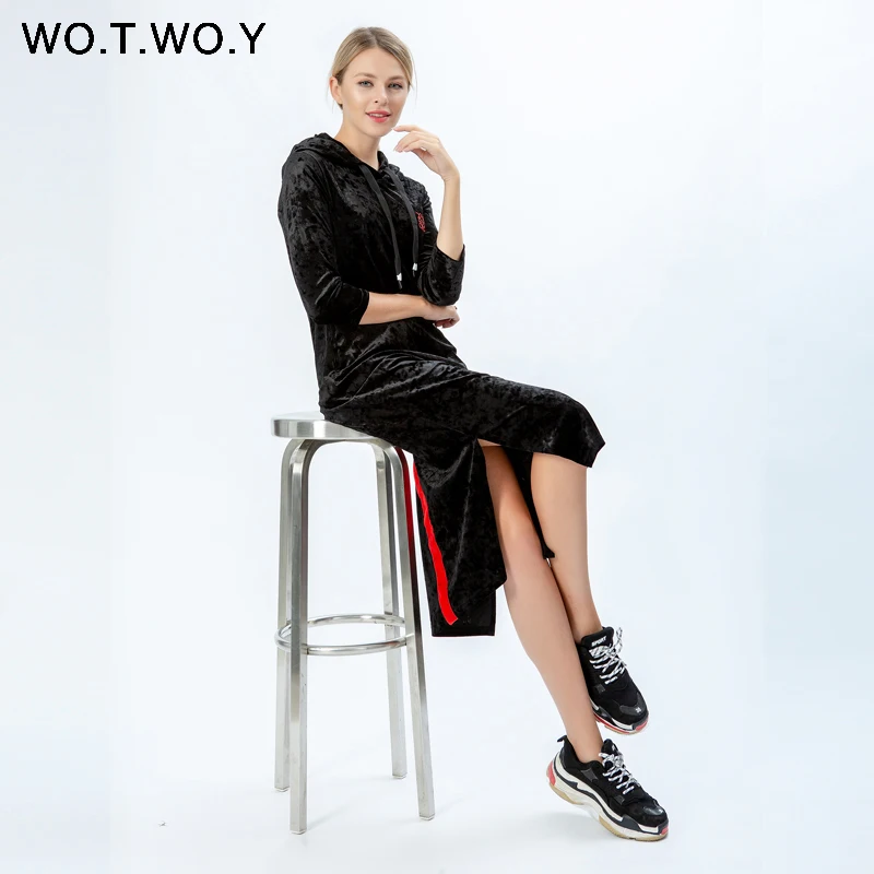 WOTWOY осеннее бархатное женское Макси-Платье с цветочной вышивкой и лентой, коллекция, уличная одежда, плотные женские толстовки с капюшоном, одежда для женщин
