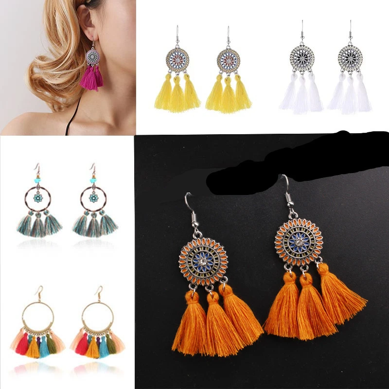 Женские винтажные серьги подвески Boho круглые с кисточками в виде цветов