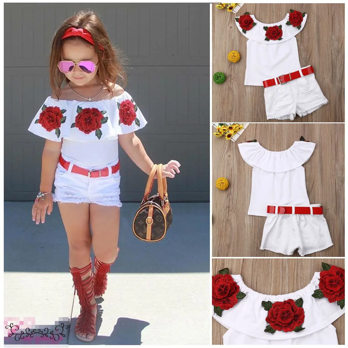 

Toddler Baby Girl Clothes Flower Off Shoulder Ruffled Tops+Denim Ripped Shorts 2PCS Outfits Summer Clothes Baby Girl Clothes Set