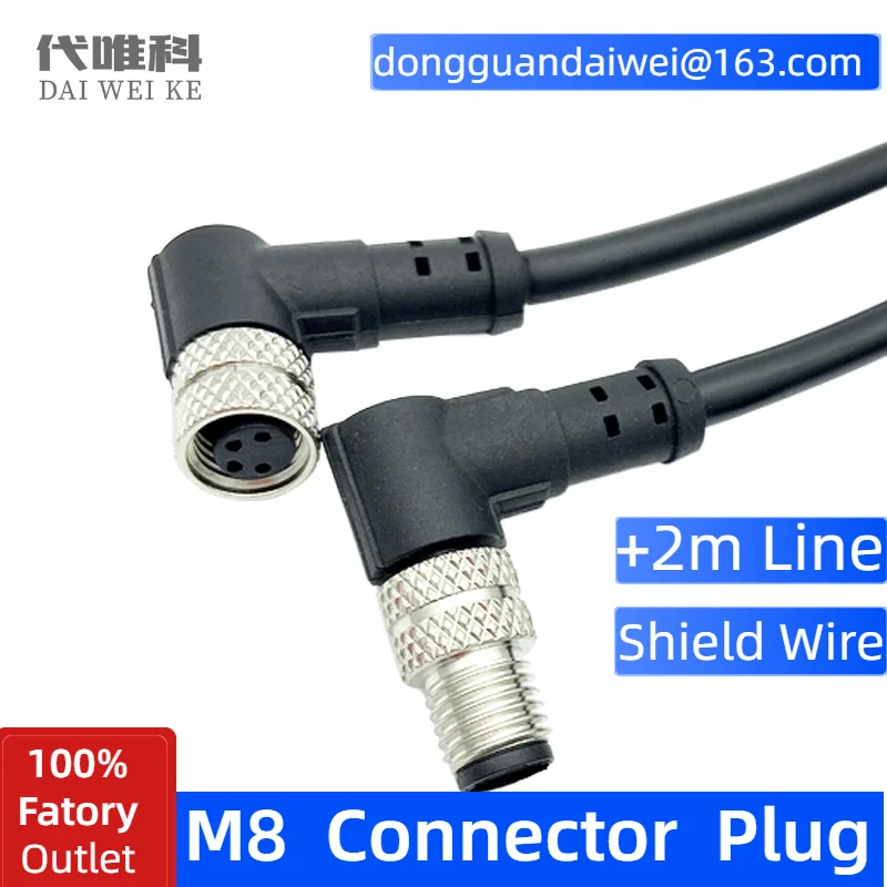 Conector de Sensor m8 Terminal Único Mais 2m Escudo de Fio Ip67 Parafuso com Rosca Acoplamento Ângulo Adaptador de Soquete