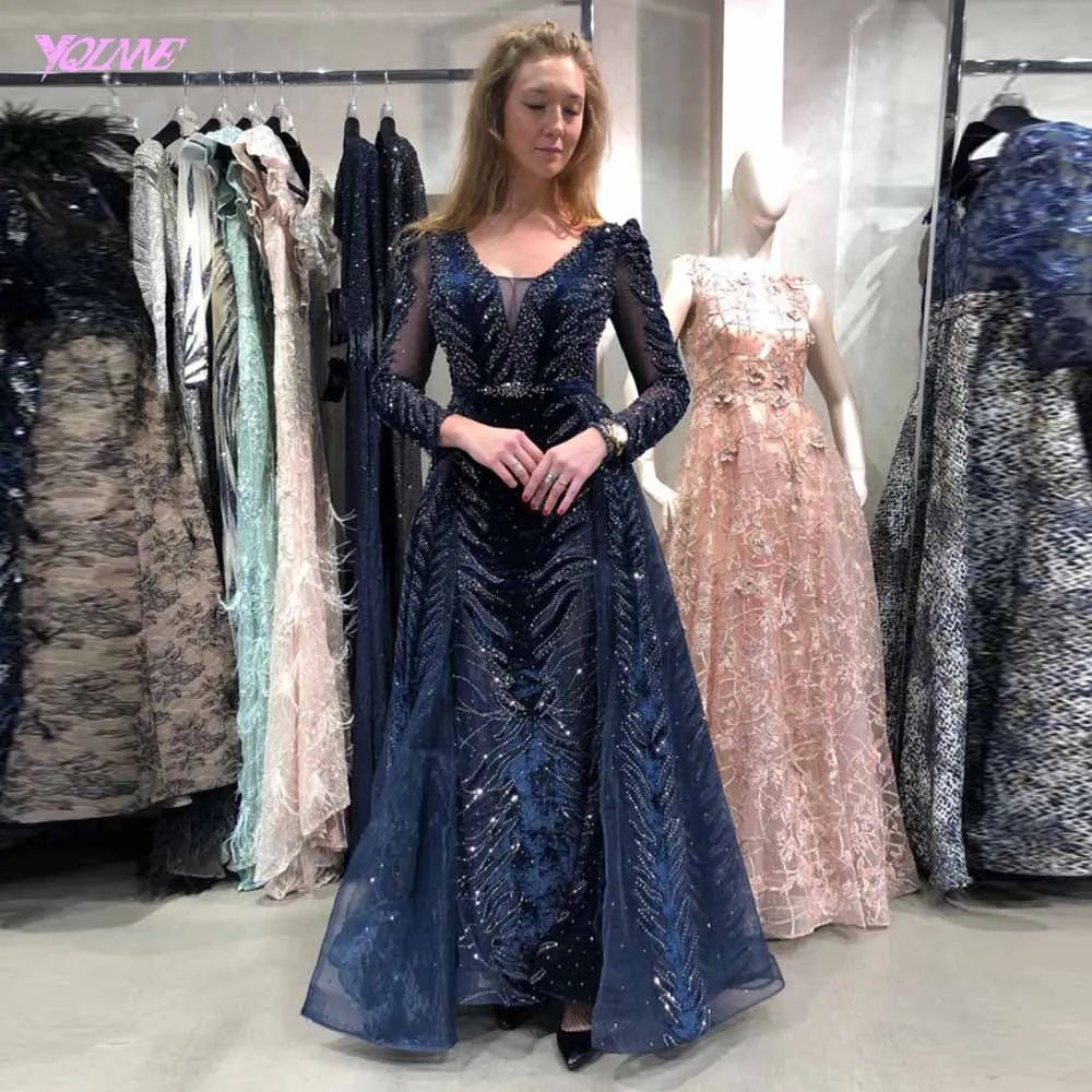 

YQLNNE Dubai Luxury Navy Velvet Evening Dresses Long Sleeve V Neck Crystal Beaded Formal Evening Gown Women Party Dress