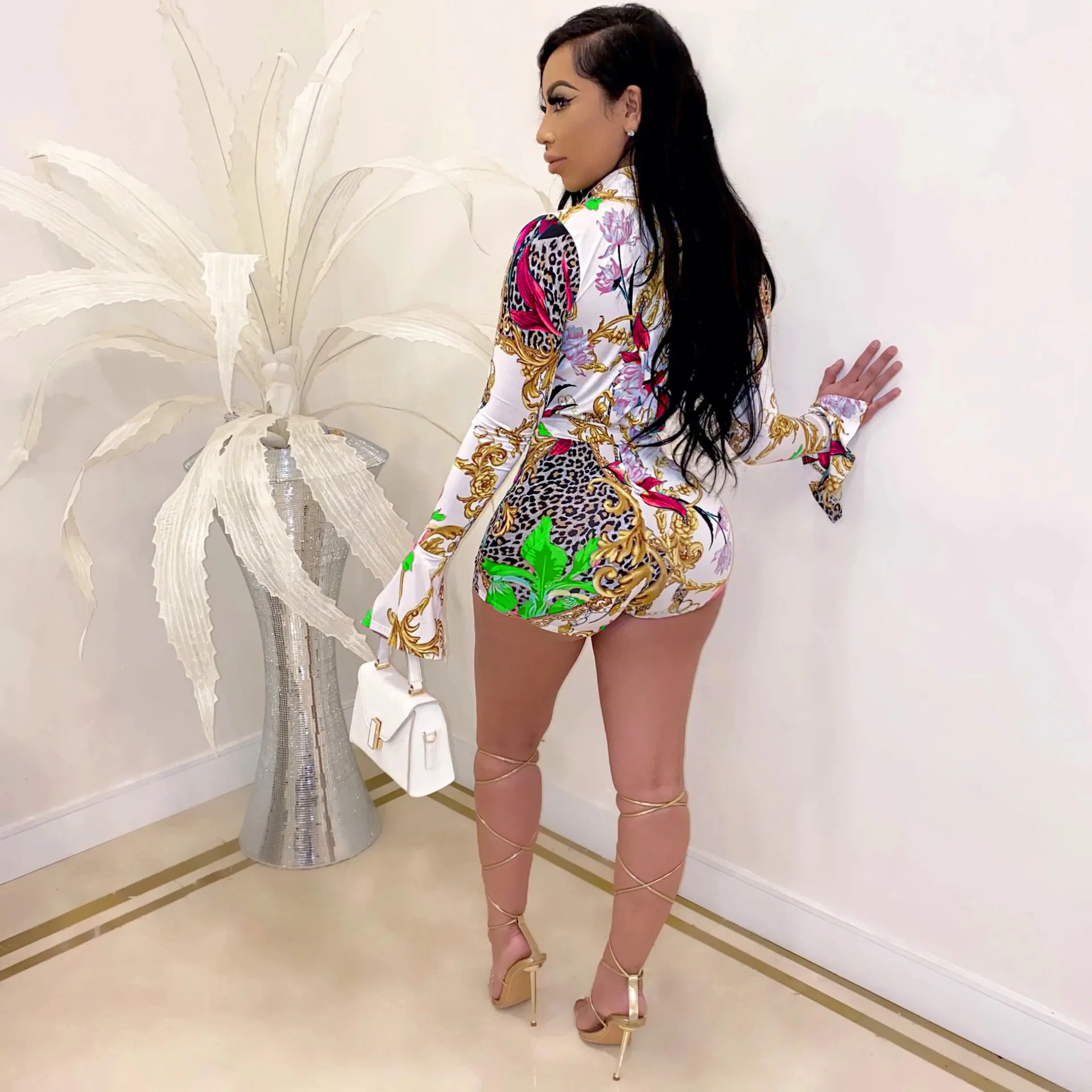 

Colorful print button up skinng short jumpsuit 2020 hot sale streetwear women turn-down collar long sleeve playsuit overalls