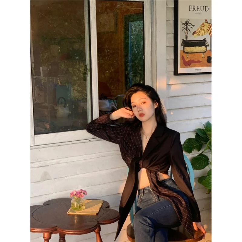 

Kimotimo Short Patchwork Blazer Female Korean Design Two Wear Lace Thin Black Striped Suits Tops Summer Office Lady Fashion Coat