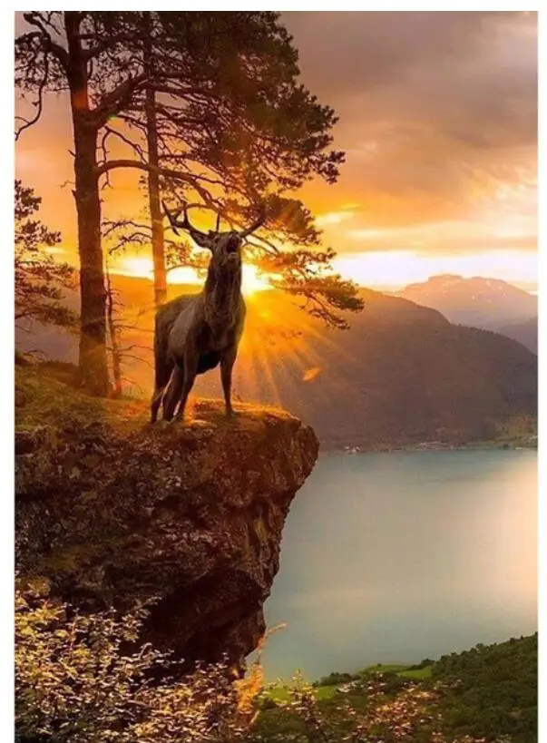 Закат Расписная картина из бриллиантовых вышивок "Лось олень" Мозаика стразов с наклейками на стену, головоломка, игрушка. Большой размер.