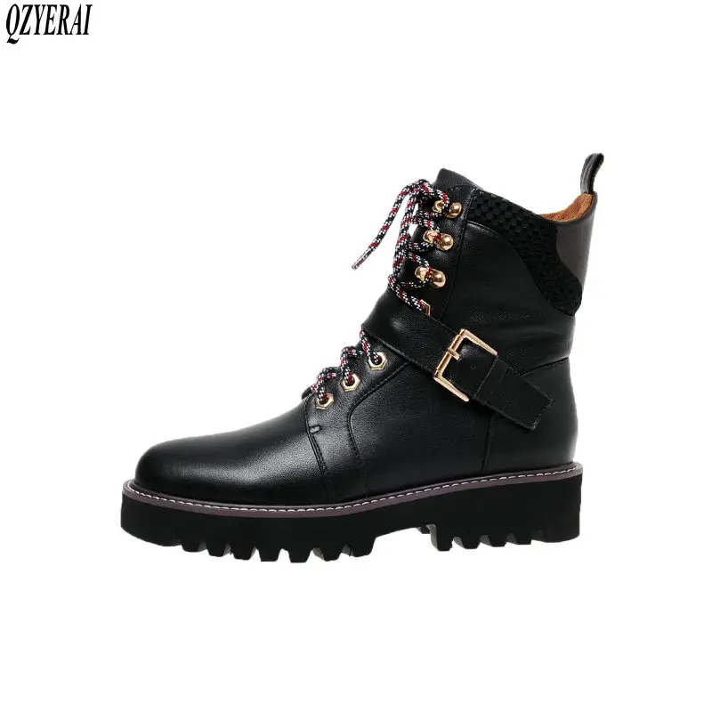 

QZYERAI Martin boots Genuine leather black Female boots lace-up Women's shoes Women's boots Autumn and winter