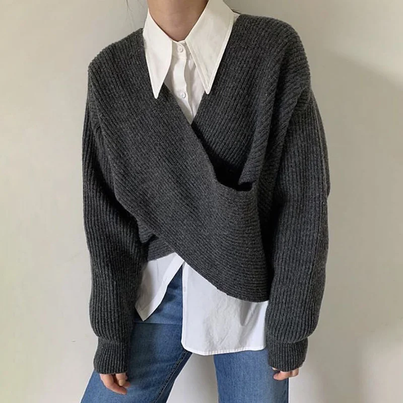 

Korean Fashion Women Clothing Sweater V Neck Long Sleeve Criss Crosssolid Designer Oversized Sweaters Female Autumn New X713