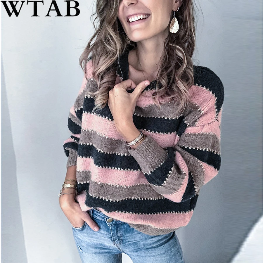Женский свитер с круглым вырезом WTAB вязаный пуловер в стиле пэчворк длинными