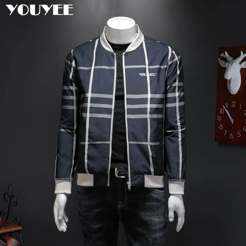 

Winter Men's Jacket Trendy Cool Striped Bomber Jacket Youth Slim Casual Plaid Waterproof Large size Baseball Jacket Coat