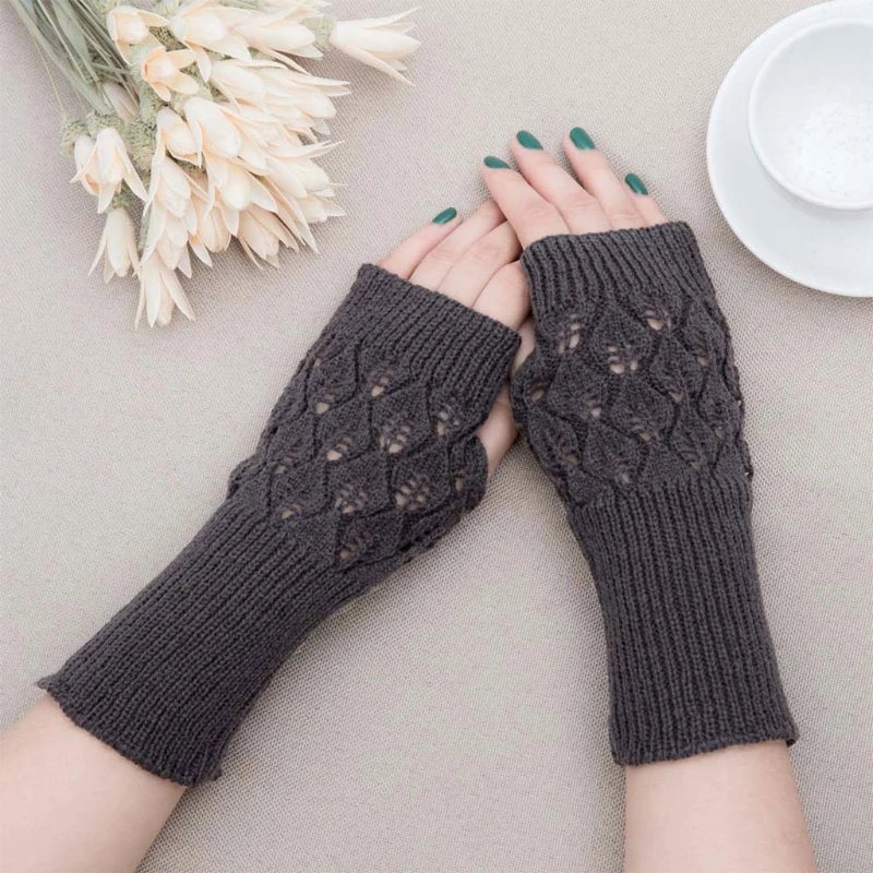 

Women Autumn Half Finger Gloves Crochet Hollow Out Leaves Knitted Stretchy Warm Fingerless Mittens Female Solid Color Thumb Hole