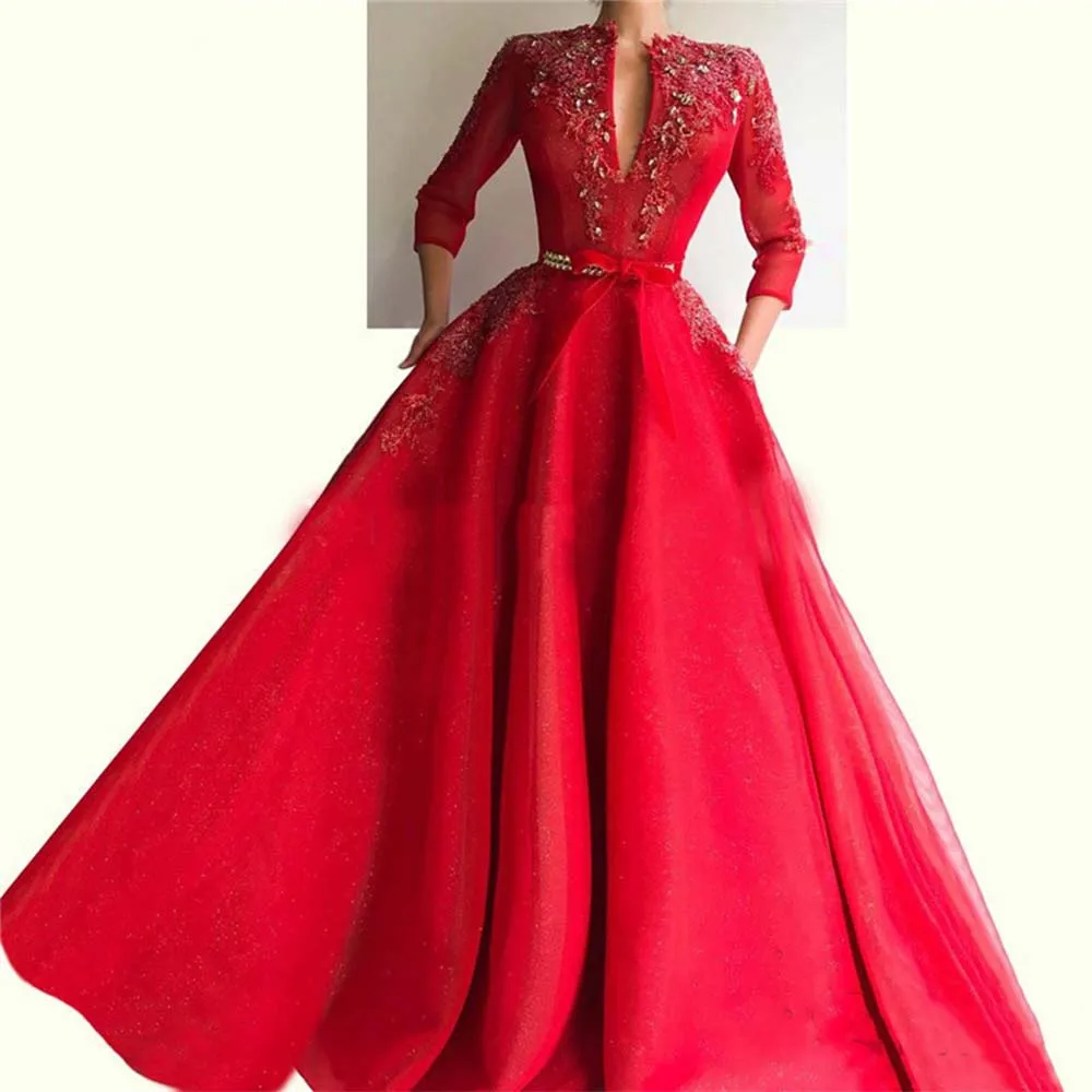 

Red Lace Applique Beads Sash Prom Dresses 2021V Neck 3/4 Sleeves Wedding Party Formal Evening Gowns Customize robes de soirée