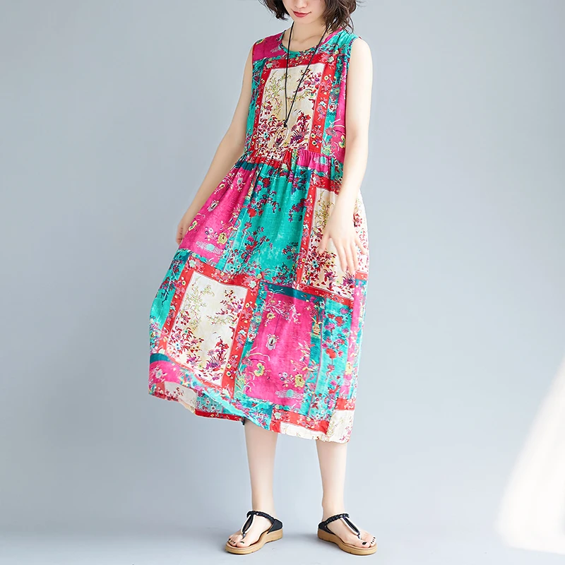

2020 Summer New Artistic Fashion Printed Sleeveless Cotton and Linen Dress Loose Slim Fit Sweet Temperament Long Dress Women