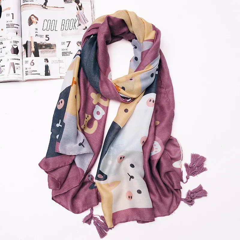 

Cute Cat Printed scarve Orange soft plain shawl soft foulard tassel women Viscose scarf winter wrap shawls