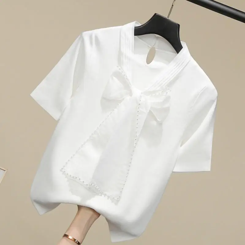 

VANOVICH 2021 Summer New Women's Knit Pullovers Solid Color Fashion Casual Ladies Pullovers V-neck Bow Short-sleeved Tops