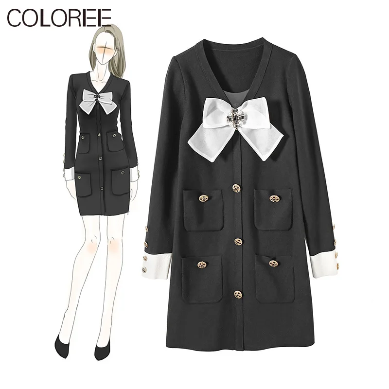 

Korean Fashion Diamonds Bow Double-breasted Mini Dresses for Women 2021 Spring Elegant Long Sleeve A-line Knitted Sweater Dress