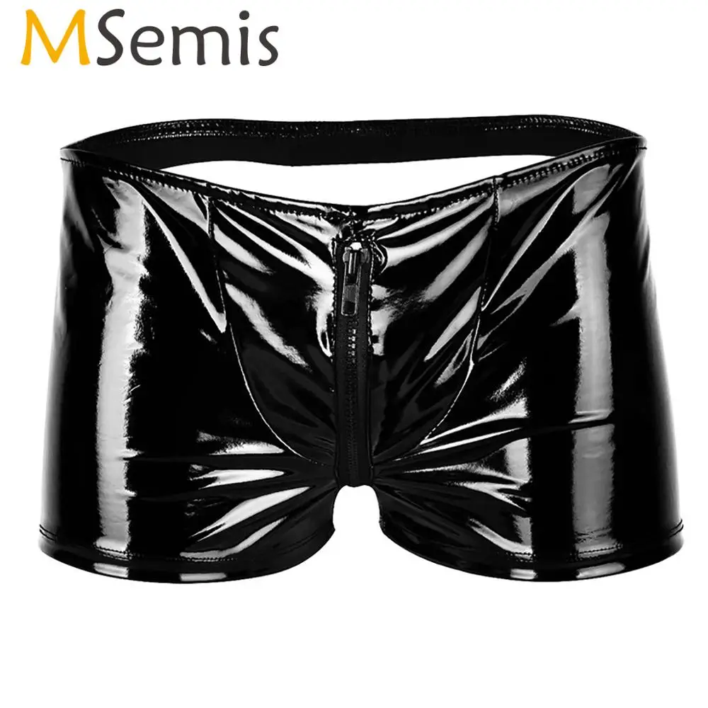 Мужские боксеры с вырезами MSemis черные блестящие пикантные шорты из лакированной